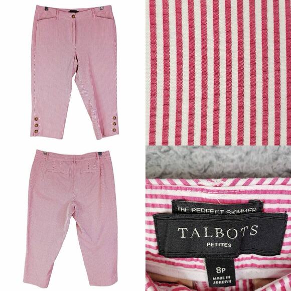 Talbots Pants Perfect Skimmer Chino Size 8P Cotton Red Striped Seersucker - Picture 1 of 10